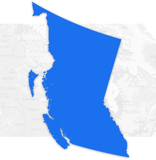 Map highlighting the province of British Columbia in bright blue against a dark background.